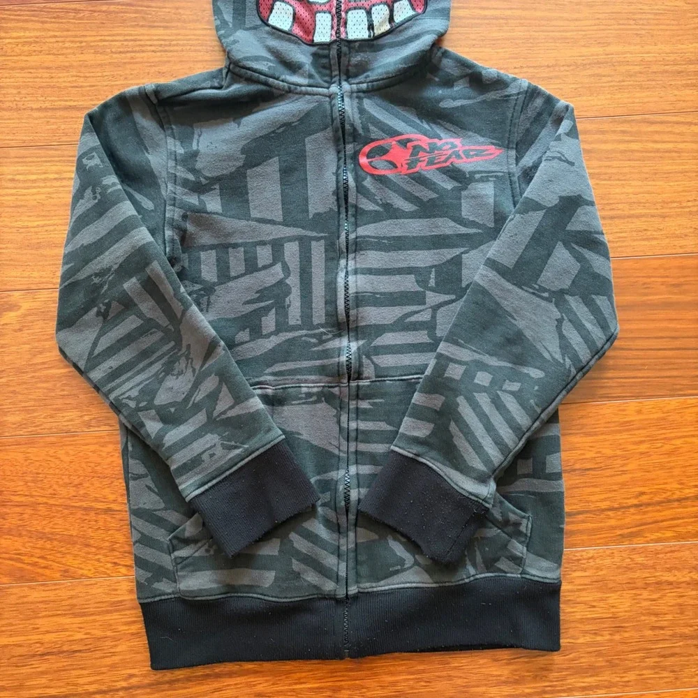 No Fear Boys Full Zip Monster Face Mask Hoodie S Gray Camo Skater Sweatshirt
